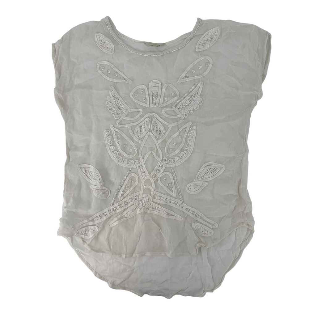 Journal Y2K Cream Cotton Blend Soutache Beaded Embroidered Cap Sleeve Blouse